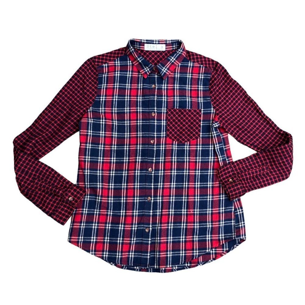 STELLA LAGUNA BEACH Flannel Shirt Women's LARGE Red Long Sleeve Button Top​​​​